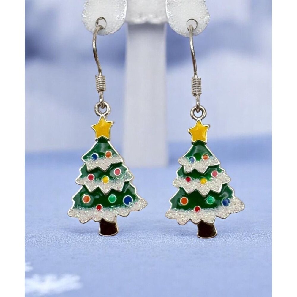 Christmas Tree Dangle Earrings Silver Tone with Glitter Accents Holiday Festive